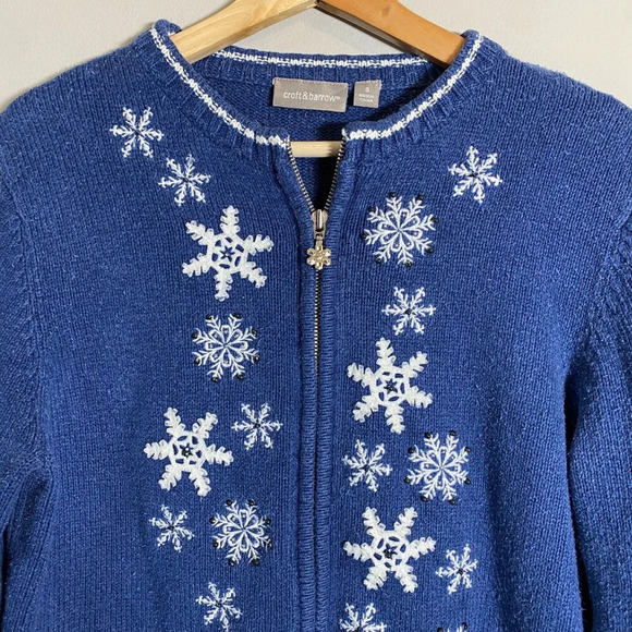 Vtg Croft & Barrow Snowflake Christmas Silk Full Zip Sweater Women's Small Blue - Picture 5 of 12